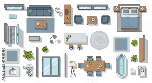 a versatile collection of modern top view furniture and household elements for architectural floor plans and interior design layouts.