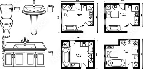 Collection of bathroom fixture line drawings and floor plan layouts
