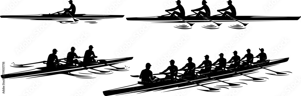 Obraz premium Silhouettes of single, double, quad, and eight-person rowing teams, sculling and sweep boats, competitive crew sport vector illustration, water racing concept