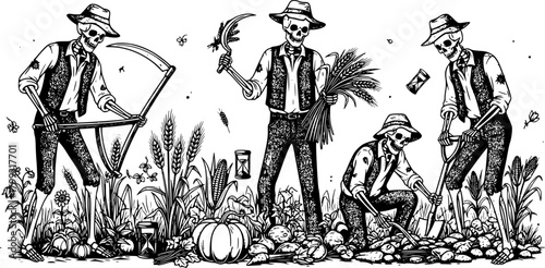 Skeleton farmers in traditional attire, harvesting crops with tools, symbolic agriculture and mortality concept, black and white vintage illustration, cultural farming scene