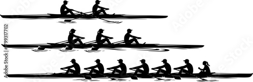 Silhouettes of single, double, quad, and eight-person rowing teams, sculling and sweep boats, competitive crew sport vector illustration, water racing concept