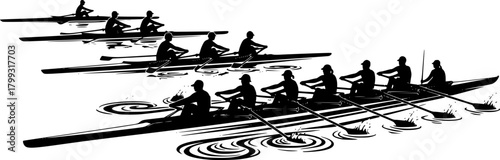 Silhouettes of single, double, quad, and eight-person rowing teams, sculling and sweep boats, competitive crew sport vector illustration, water racing concept