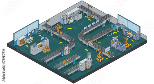 automated factory logistics robotic arms processing packages on conveyor belts in a modern facility illustrating efficiency.