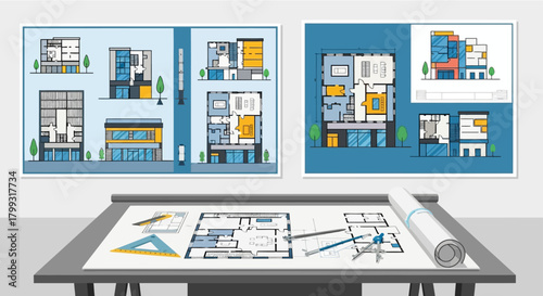 architectural planning concept with building blueprints and floor plans on a drafting table illustrating modern design and construction