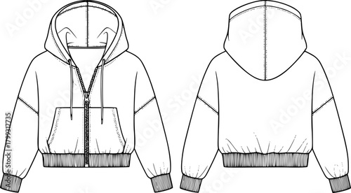 Cropped hoodie technical fashion flat sketch, zip up front view back view line drawing, CAD vector illustration template
