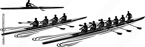 Silhouettes of single, double, quad, and eight-person rowing teams, sculling and sweep boats, competitive crew sport vector illustration, water racing concept