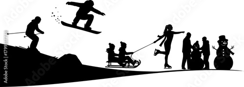 Winter activity silhouette vector illustration, skiing, snowboarding, sledding, skating, snowman building, outdoor fun, seasonal sports clipart, black figures, cold weather recreation