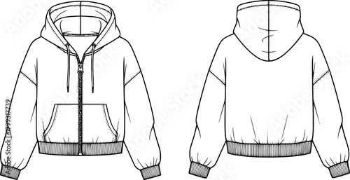 Cropped hoodie technical fashion flat sketch, zip up front view back view line drawing, CAD vector illustration template
