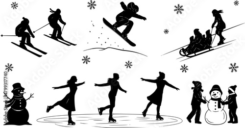 Winter activity silhouette vector illustration, skiing, snowboarding, sledding, skating, snowman building, outdoor fun, seasonal sports clipart, black figures, cold weather recreation