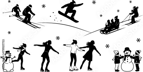 Winter activity silhouette vector illustration, skiing, snowboarding, sledding, skating, snowman building, outdoor fun, seasonal sports clipart, black figures, cold weather recreation