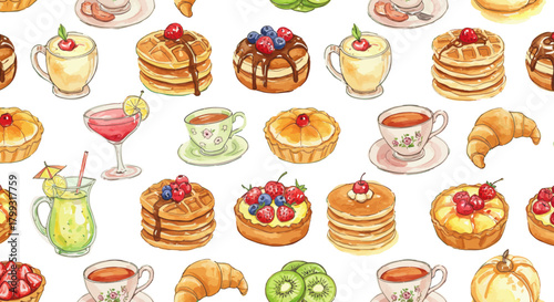 bakery pastries assortment pattern watercolor illustration of desserts and drinks on a white background perfect for food blog design and cafe menus.