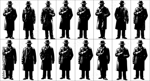 Mysterious silhouette men in trench coats and fedora hats, standing in grid formation, symbolizing anonymity, surveillance, uniformity, identity, secrecy, noir detective theme