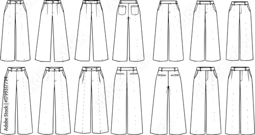 CAD drawing flat vector illustration of women’s wide leg pants fashion design technical sketch with different styles and details
