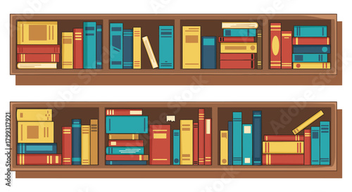 bookshelves with colorful books neatly arranged ideal for library or bookstore backgrounds conveying knowledge and reading for educational resources