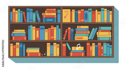 bookshelf illustration full of colorful books showcasing reading learning and knowledge in a home library or bookstore great for education concepts.