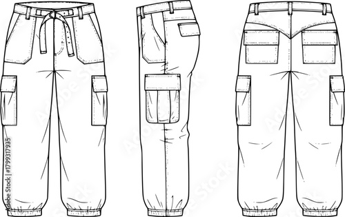 Cargo pants technical sketch, flat fashion vector, CAD illustration for apparel design, front side back view, clothing template mockup
