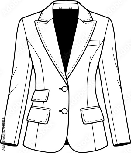 Women fitted blazer jacket flat sketch with notched lapel collar, front buttons, flap pockets, long sleeves, formal fashion vector illustration
