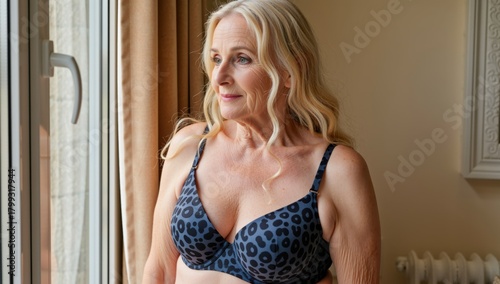 Middle aged woman in bra looking out of the window at home, thoughtful and pensive mood