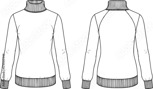 Women's long sleeve turtleneck sweater flat sketch front and back view, winter knitwear fashion design, CAD drawing vector illustration
