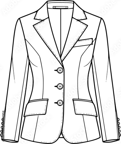 Women fitted blazer jacket flat sketch with notched lapel collar, front buttons, flap pockets, long sleeves, formal fashion vector illustration
