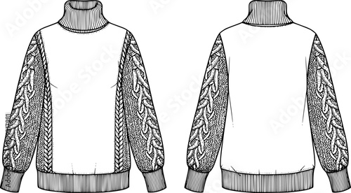 Women's long sleeve turtleneck sweater flat sketch front and back view, winter knitwear fashion design, CAD drawing vector illustration
