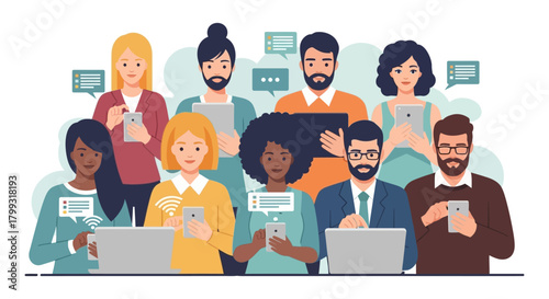 Connected people using digital devices diverse group communicating and collaborating online perfect for illustrating teamwork and modern communication trends.