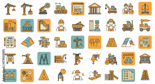 construction icons cranes blueprint buildings  construction workers for industrial design urban planning engineering and architectural projects