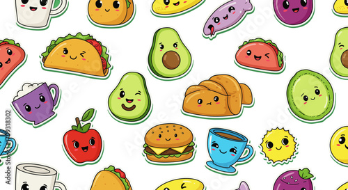 Cute food pattern cartoon avocado burger taco croissant and coffee cup stickers perfect for social media blog backgrounds and food-themed designs.