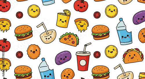 Cute food pattern playful icons of burgers pizza and drinks in a fun arrangement on a white background ideal for childrens menu and kitchen decor.