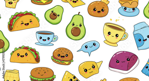 Cute kawaii food pattern avocado tacos coffee  burgers with adorable faces perfect for childrens products menu designs  food blogs.