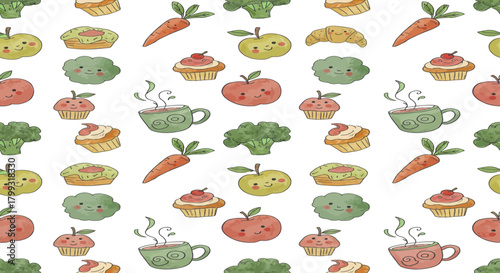 cute watercolor seamless pattern of smiling fruits vegetables cupcakes and drinks ideal for playful kid designs.