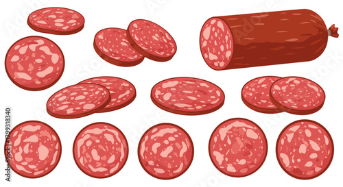 delicious salami slices round and oval with a whole sausage roll displaying cured meat texture on a clean white background.