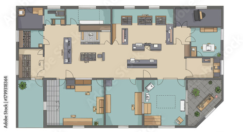 detailed architectural floor plan of a modern commercial space illustrating interior design and furniture layout for efficient space planning.