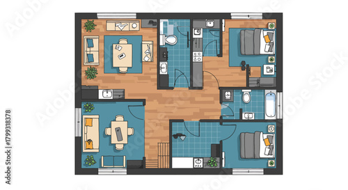 detailed apartment floor plan blueprint showing furniture layout and room dimensions designed for real estate marketing and architectural visualization