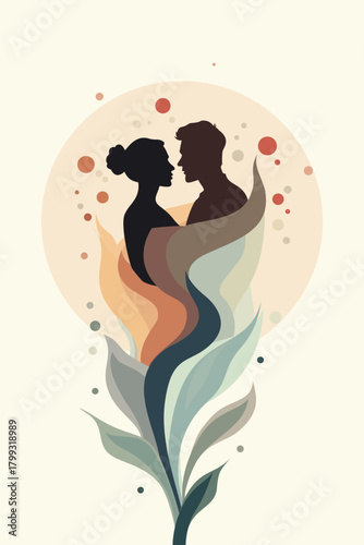 Romantic abstract illustration of a couple facing each other, emerging from blooming, colorful leaves. Symbolizing love, connection, intimacy, and emotional growth in a dreamy, artistic style.