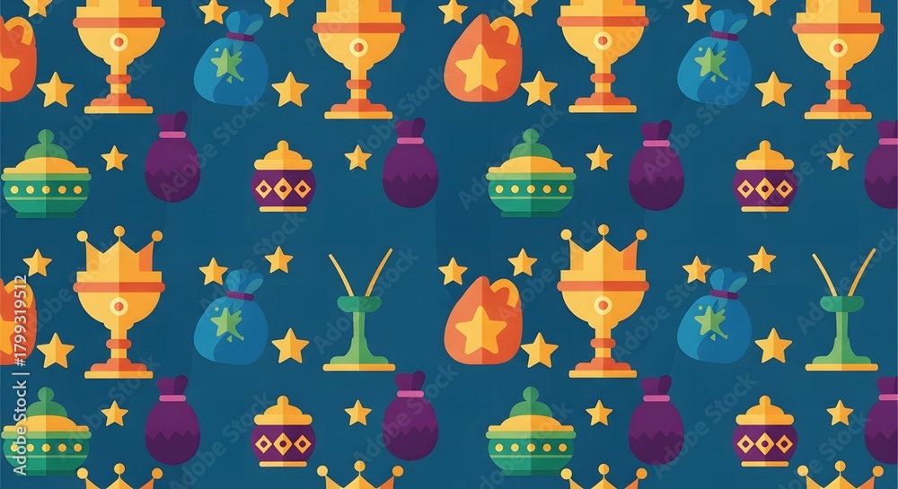 Epiphany, Colorful Fantasy Pattern with Crowns, Stars, and Treasure, on a