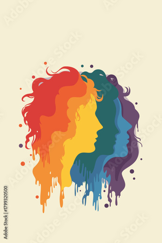 Colorful abstract illustration of overlapping rainbow silhouettes symbolizing diversity, identity, and self-expression. Vibrant dripping colors create a dynamic, artistic celebration of individuality.