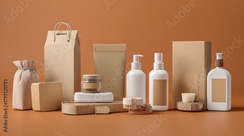 Wallpaper Mural Sustainable cosmetic packaging with wooden and cardboard materials in minimalist beige studio background Torontodigital.ca