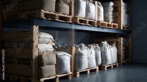 Wallpaper Mural Large bags of grains stacked on wooden pallets in storage warehouse with low light Torontodigital.ca