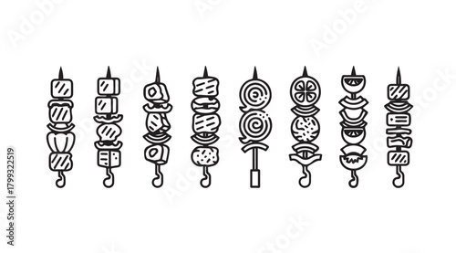 Collection of hand drawn skewers with various food items silhouette