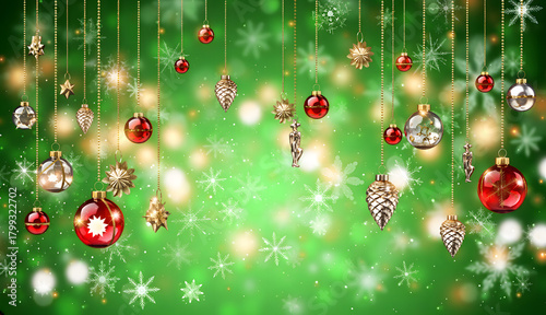 Set of Shining Christmas Decorations on Green  Background