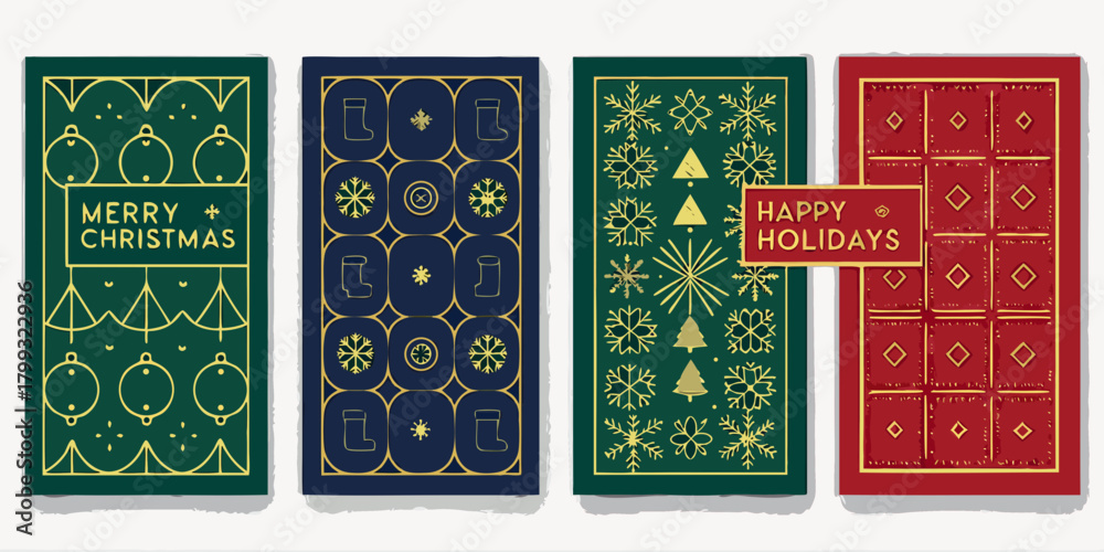 Obraz premium Collection of four festive christmas and holiday greeting cards with gold line art designs