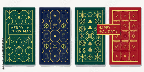 Collection of four festive christmas and holiday greeting cards with gold line art designs