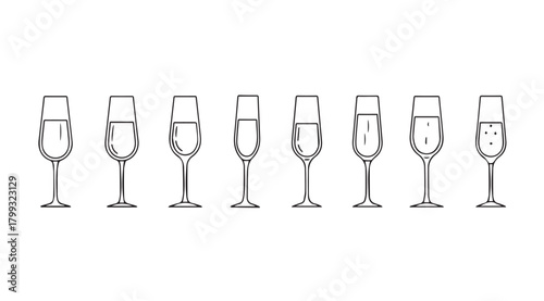 Collection of elegant champagne flutes filled with bubbly liquid silhouette