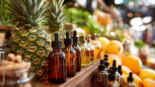 Fototapeta Naklejka Na Ścianę i Meble -  Glass bottles of tropical juices and fruits on wooden crate at outdoor farmers market display