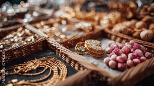 Fototapeta Naklejka Na Ścianę i Meble -  Close-up view of assorted nuts, dried fruits and sweets in market display with warm light