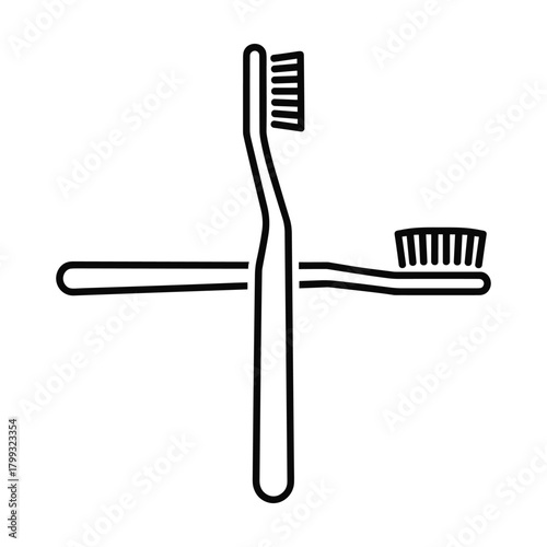 Simple line art illustration of two toothbrushes crossed in a plus sign shape on a white background
