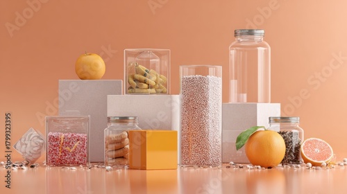 Fototapeta Naklejka Na Ścianę i Meble -  Health food and supplement containers arranged on orange background with citrus fruits