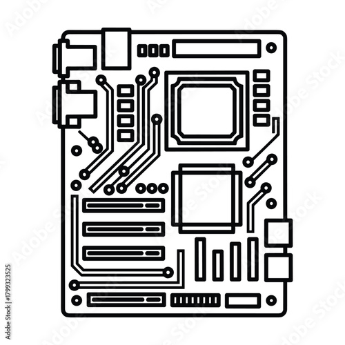 Stylized outline illustration of a computer motherboard with visible components and expansion slots on a white background