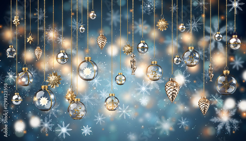 Set of Shining Christmas Decorations on Blue  Background